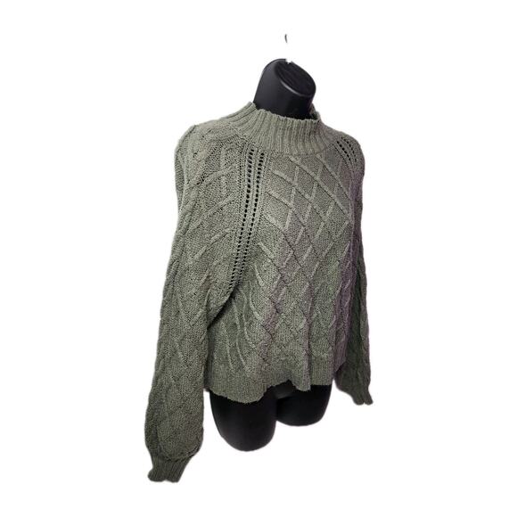American Eagle Women’s XL Sweater Olive Green Cable Knit Diamond Crop Mock Neck - Picture 2 of 15